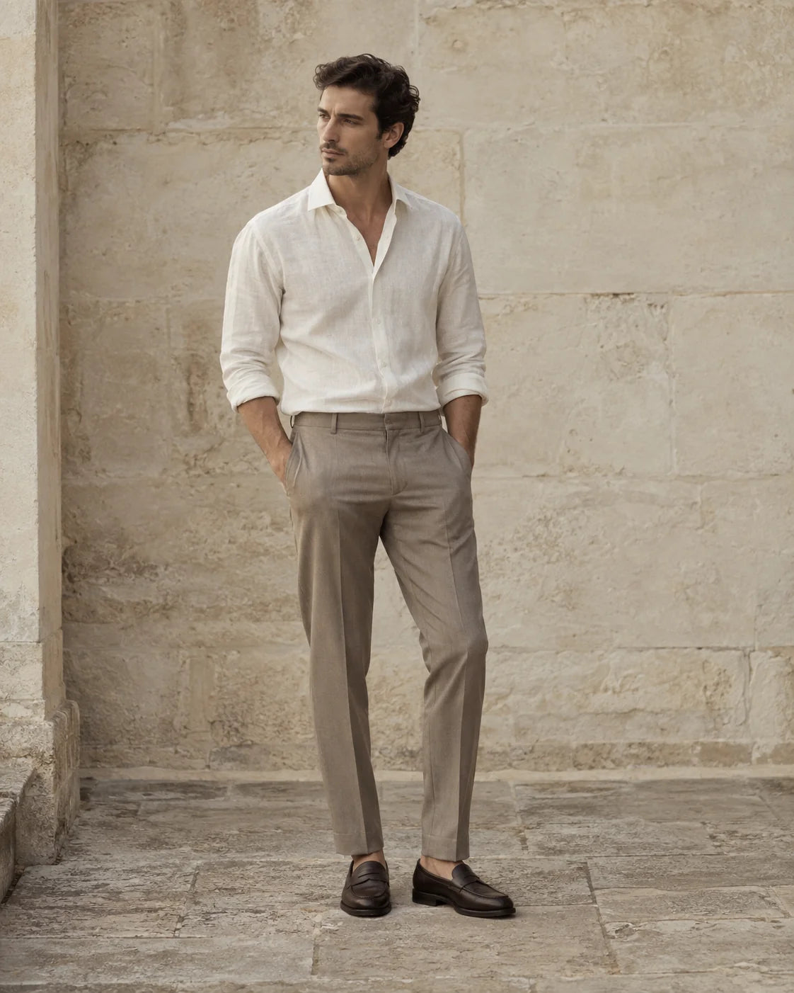 Menswear styling inspiration with a neutral shirt and tailored trousers
